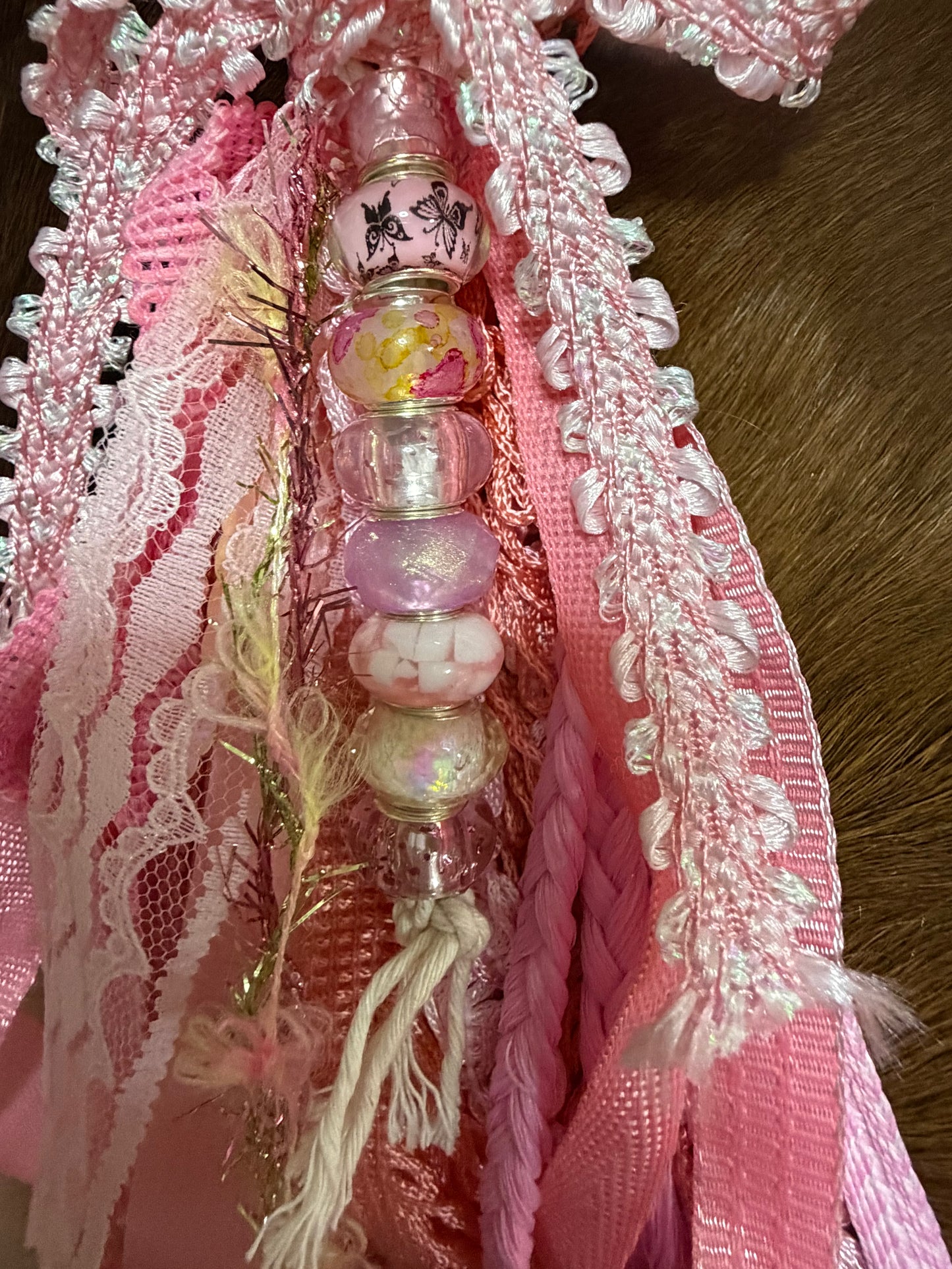 Cowgirl Ribbon Bag Charm Pink Glass Beads