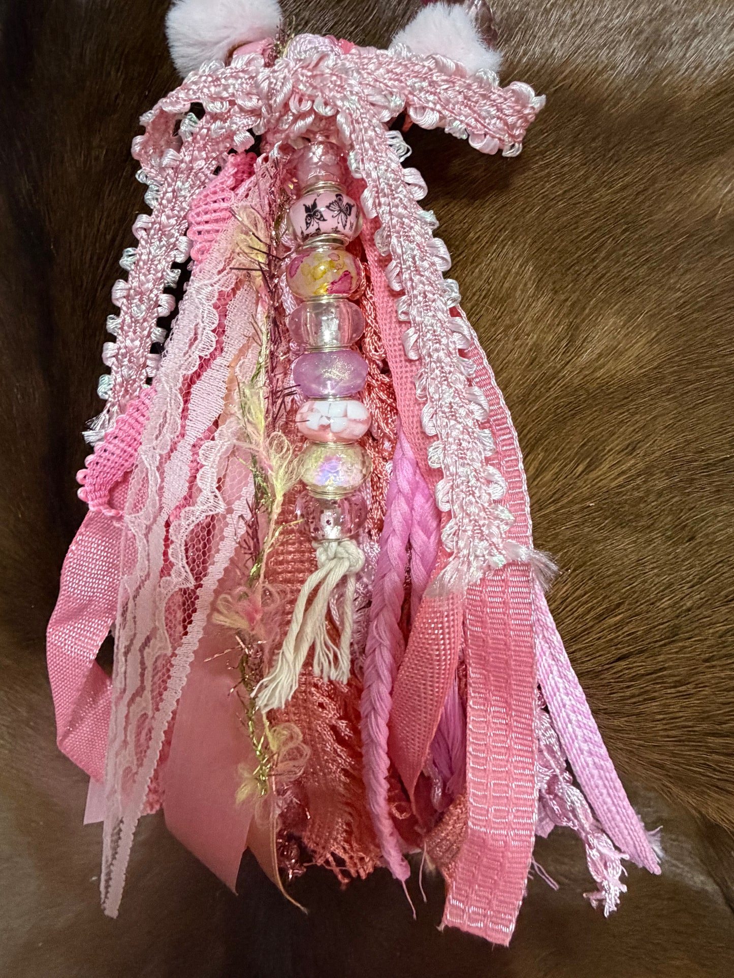 Cowgirl Ribbon Bag Charm Pink Glass Beads