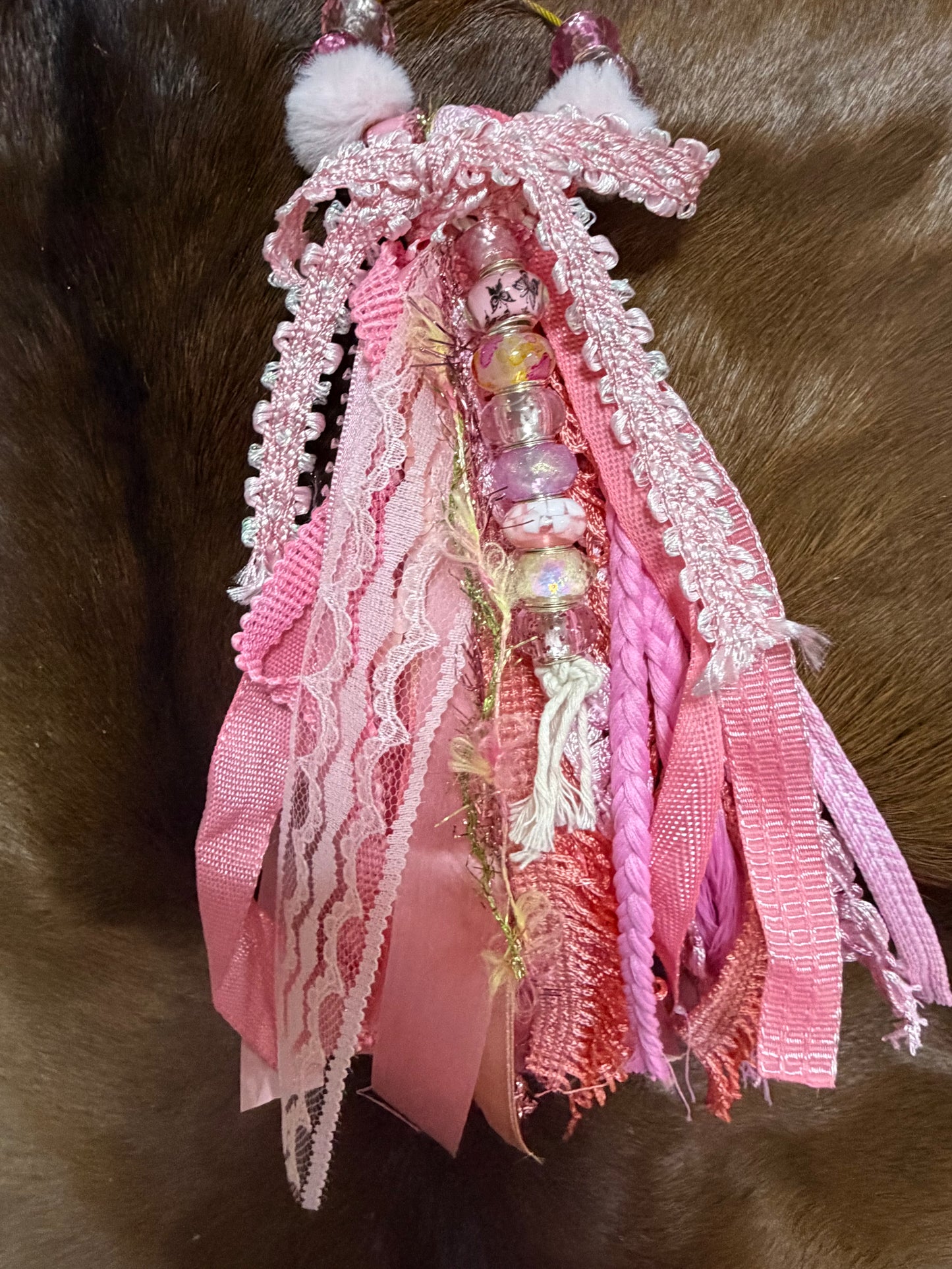 Cowgirl Ribbon Bag Charm Pink Glass Beads
