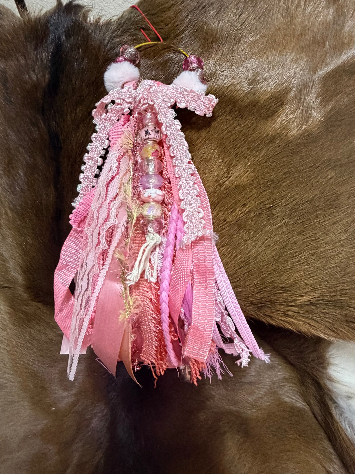 Cowgirl Ribbon Bag Charm Pink Glass Beads