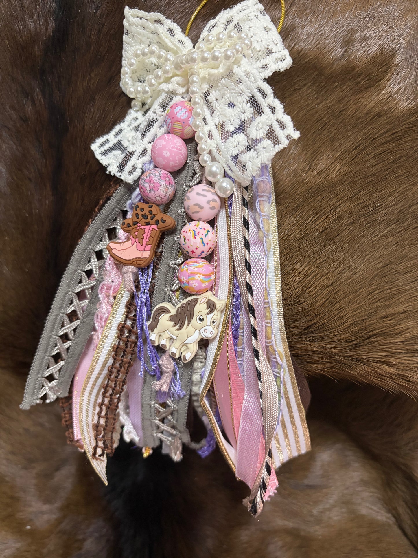 Ribbon Bag Charm Cowboy Boot Pony Lace Bow Beaded Bow Silicone Charms