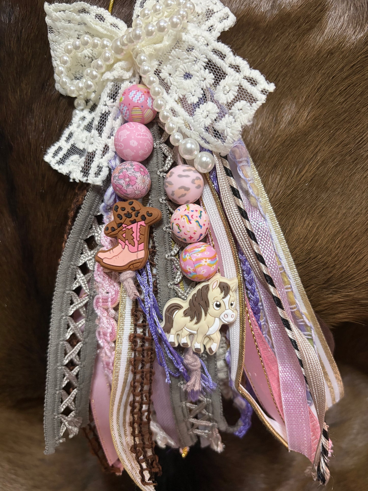 Ribbon Bag Charm Cowboy Boot Pony Lace Bow Beaded Bow Silicone Charms