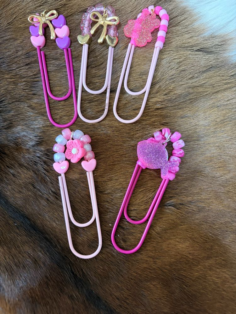 Beaded Paper Clip Book Mark Pink Rose Gold Bow Fish Teddy Bear Pink Flower