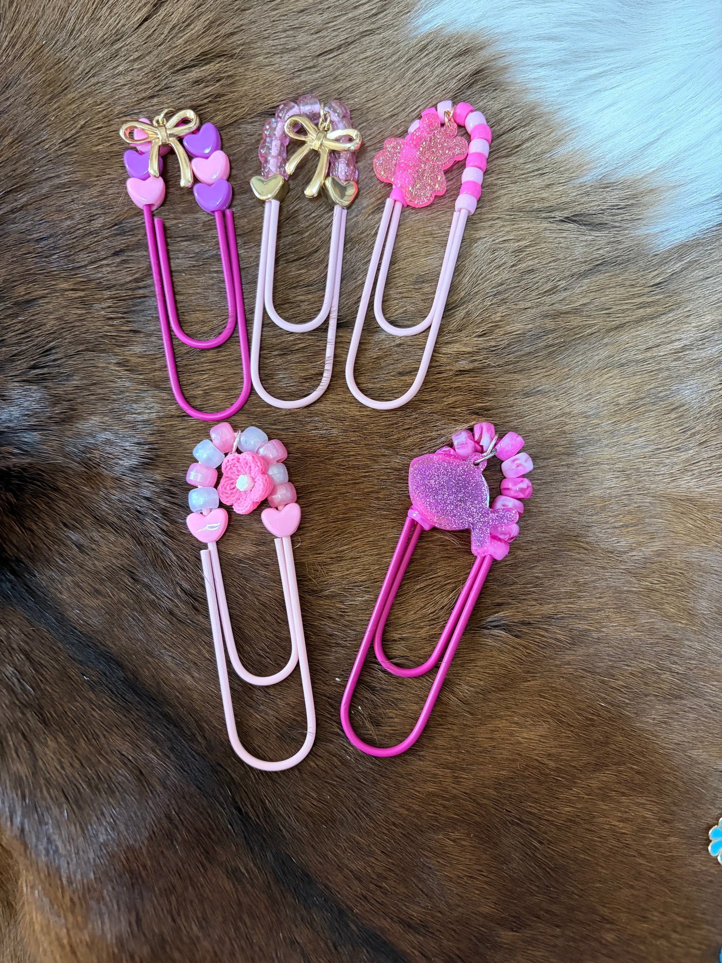 Beaded Paper Clip Book Mark Pink Rose Gold Bow Fish Teddy Bear Pink Flower