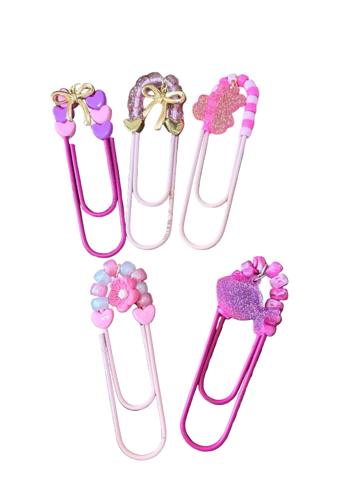 Beaded Paper Clip Book Mark Pink Rose Gold Bow Fish Teddy Bear Pink Flower