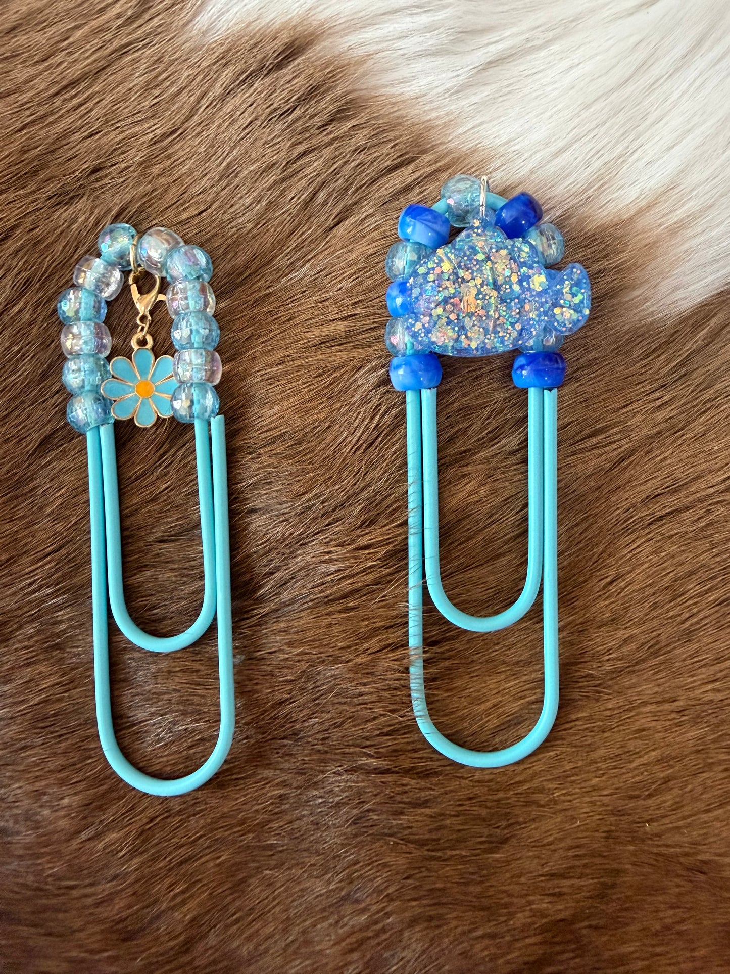 Baby Blue Beaded Paper Clip Book Mark Flower Fish Charms