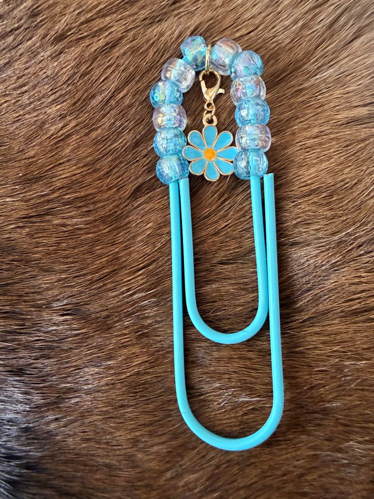 Baby Blue Beaded Paper Clip Book Mark Flower Fish Charms