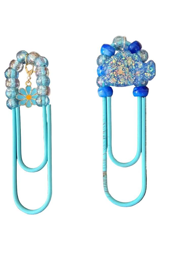 Baby Blue Beaded Paper Clip Book Mark Flower Fish Charms