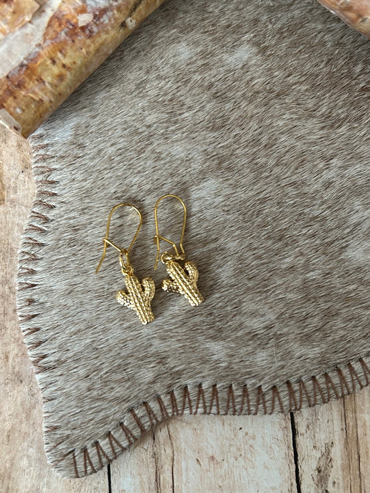 Western Little Gold Cactus Dangle Earrings