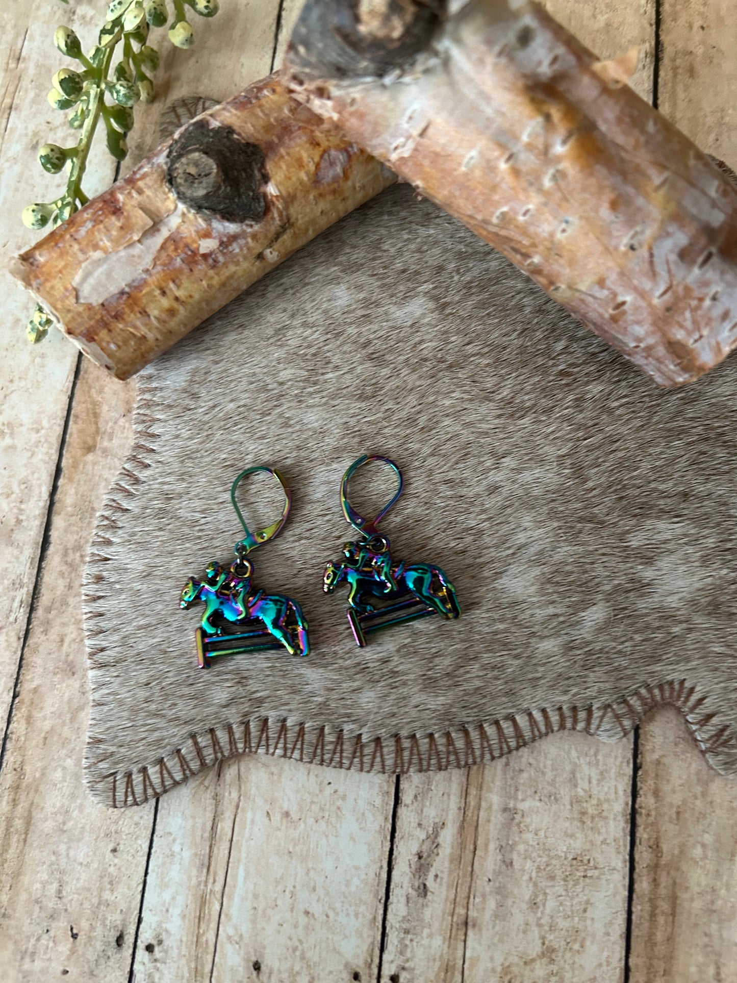 English Horse Jumping Metallic Earrings
