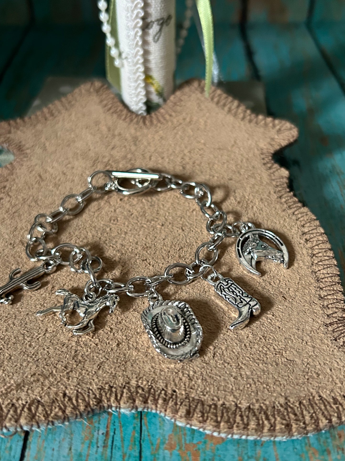 Country Western Charm Bracelet Horse Boot Cactus