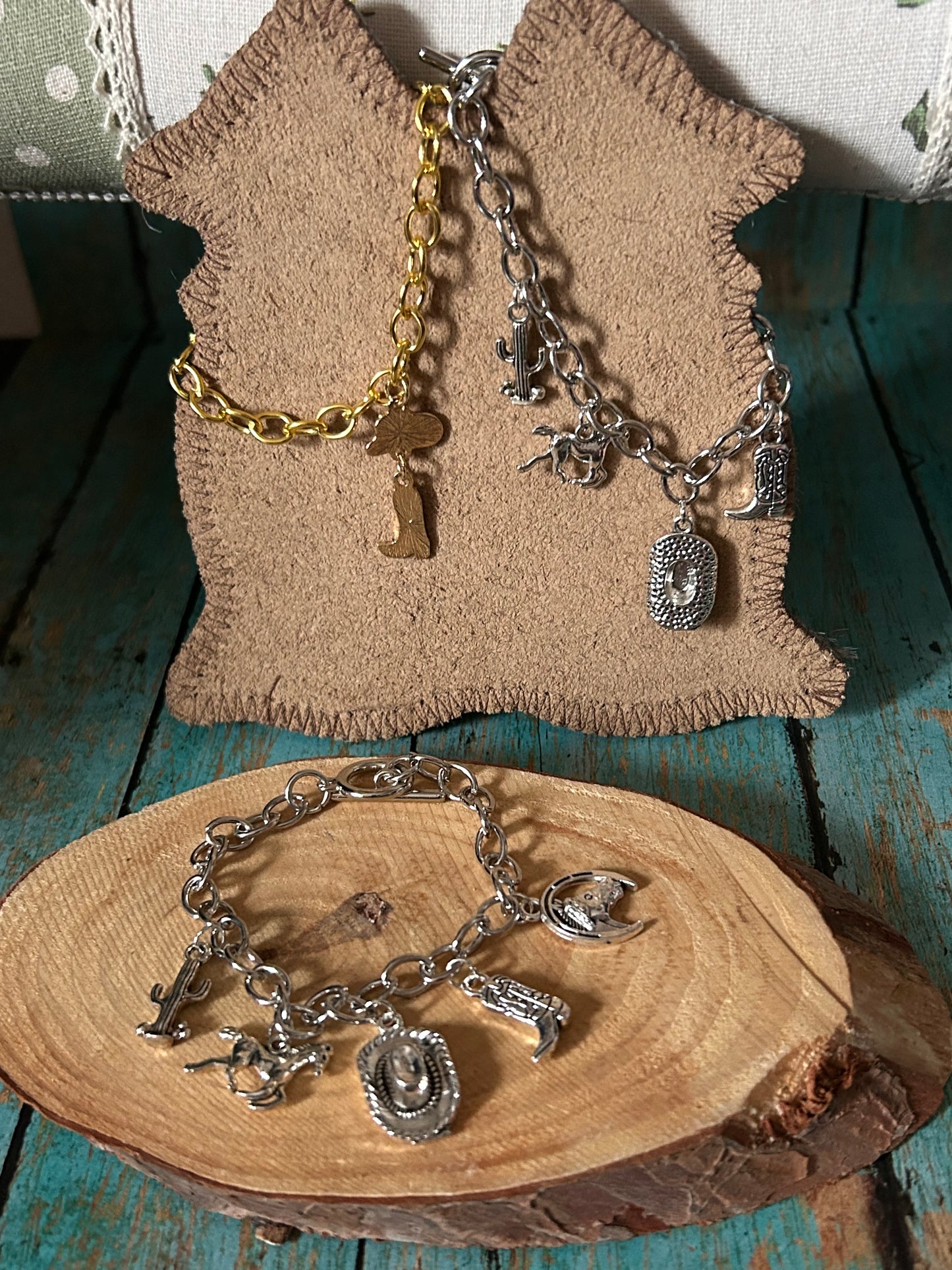 Country Western Charm Bracelet Horse Boot Cactus