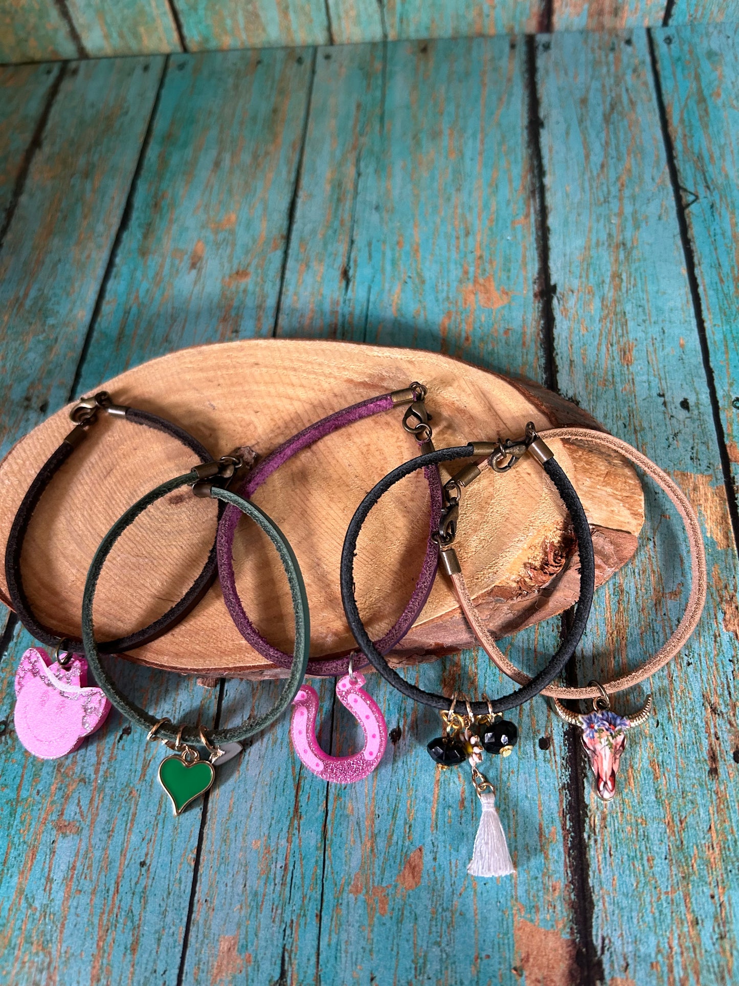 Girls Western Leather Charm Bracelet