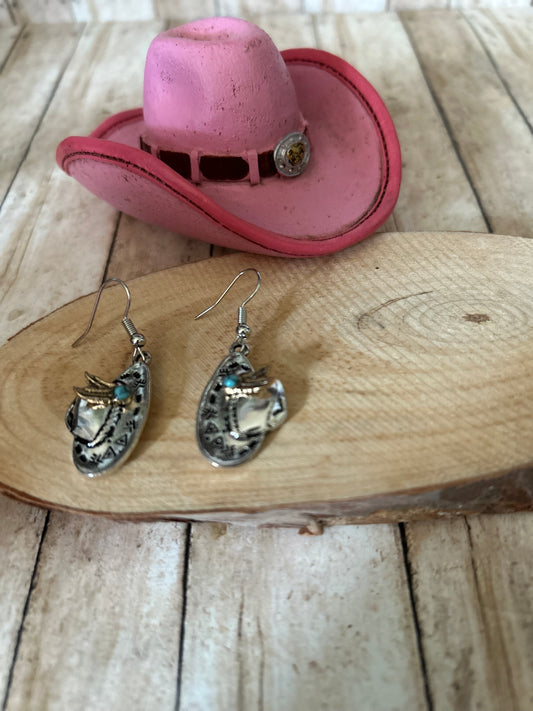 Western Cowgirl Hat with Turquoise Bead and Feather Earrings
