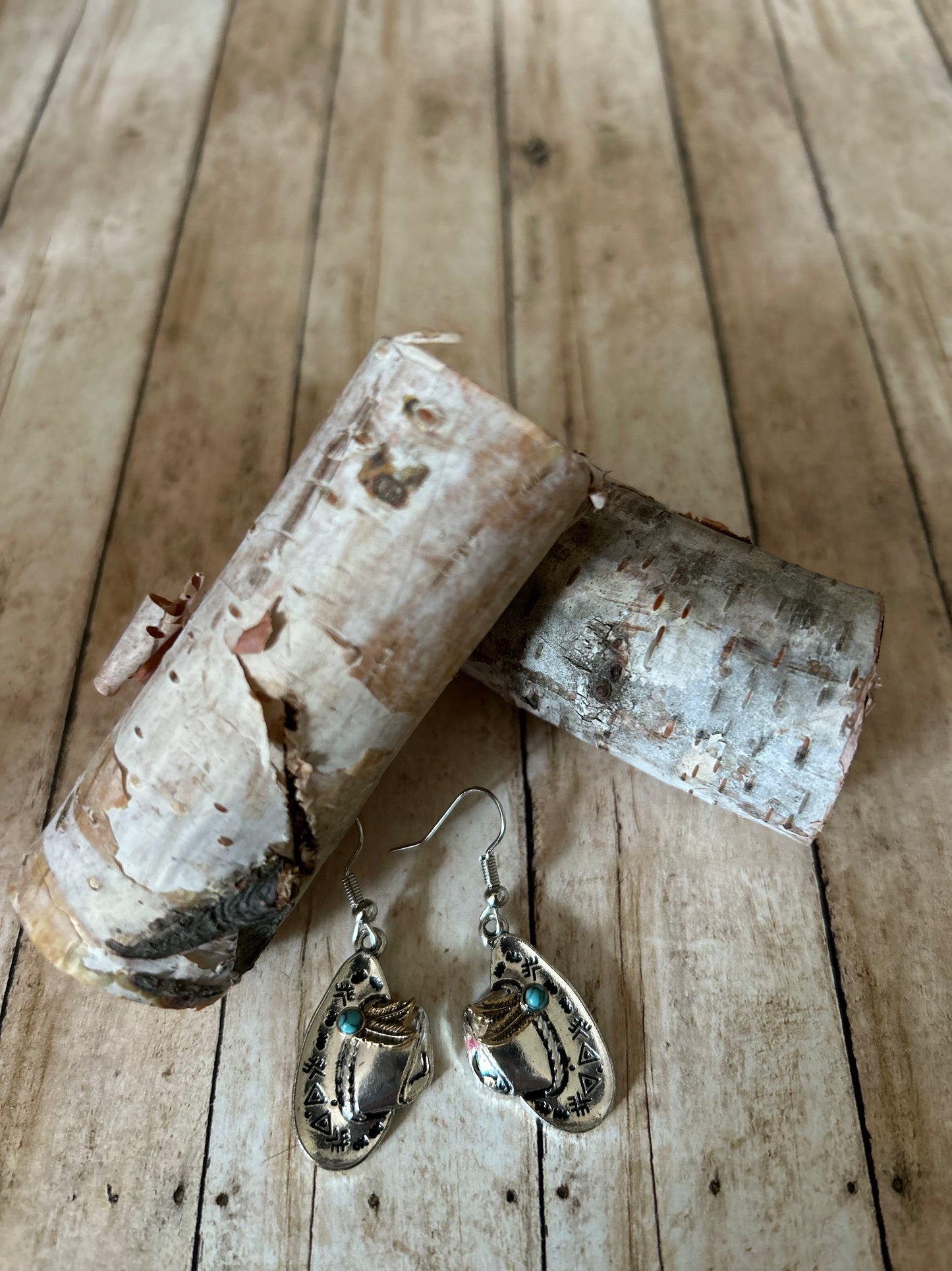 Western Cowgirl Hat with Turquoise Bead and Feather Earrings