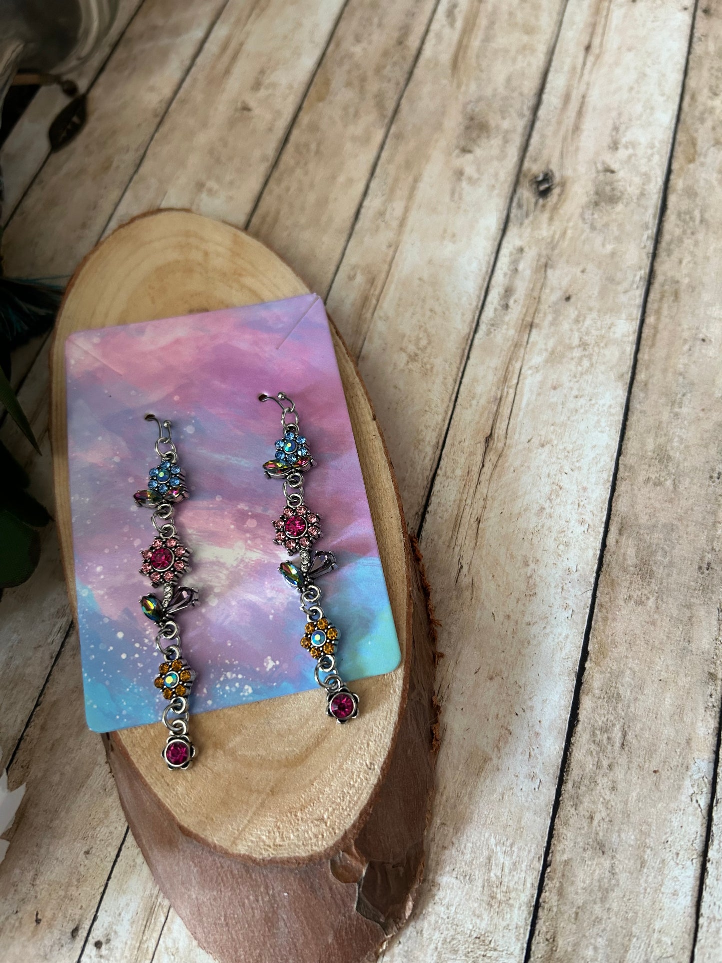 Long Dangle Flower Rhinestones Earrings