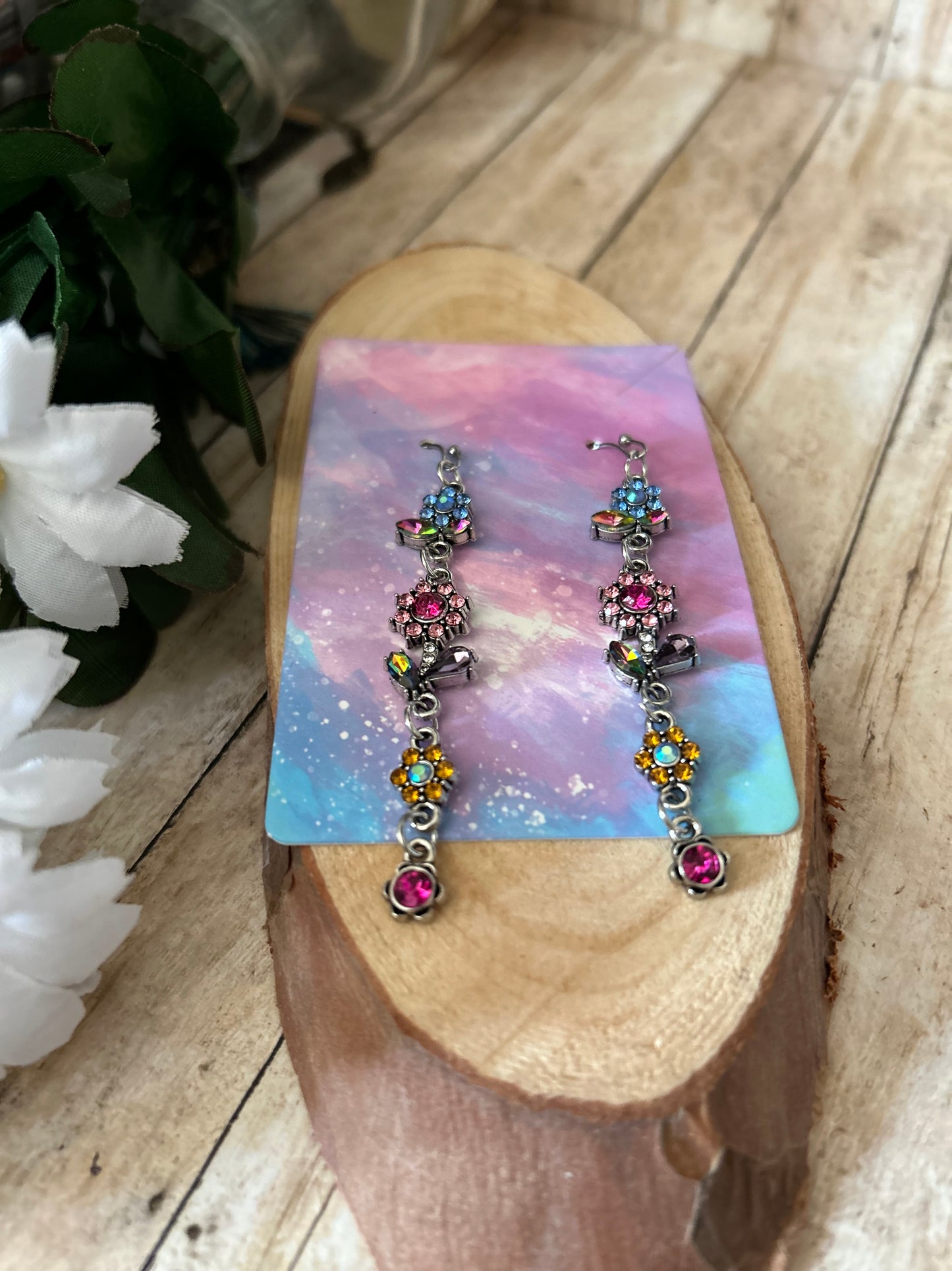 Long Dangle Flower Rhinestones Earrings