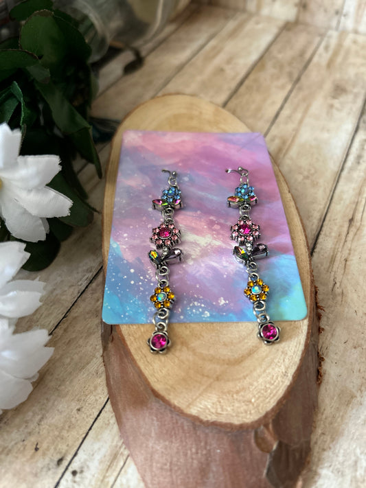 Long Dangle Flower Rhinestones Earrings