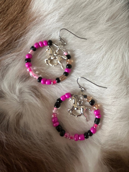 Western Seed Bead Hoop Earrings with Horse