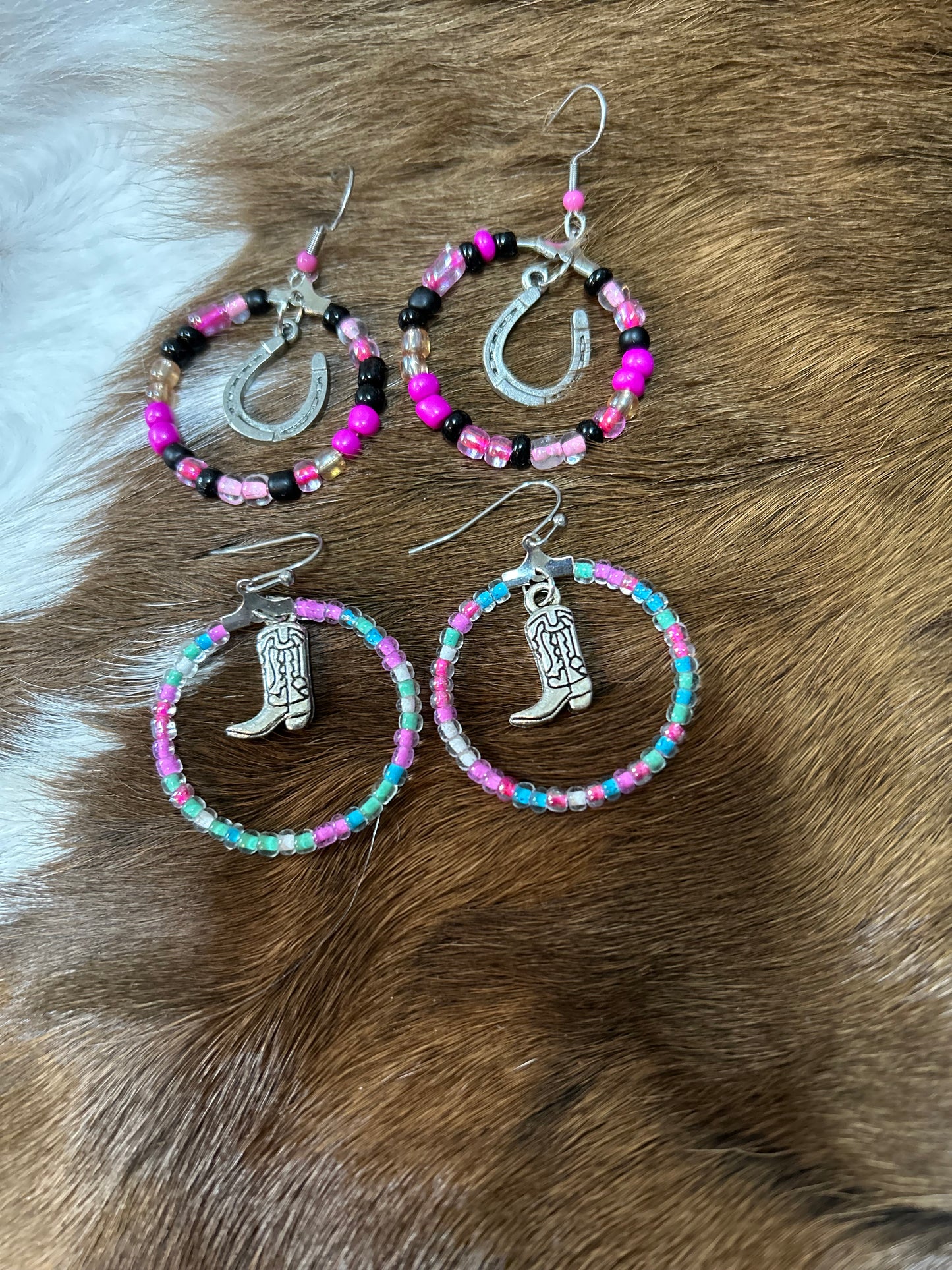Two Styles of Seed Bead Hoop Earrings Cowboy Boot, or Horseshoe