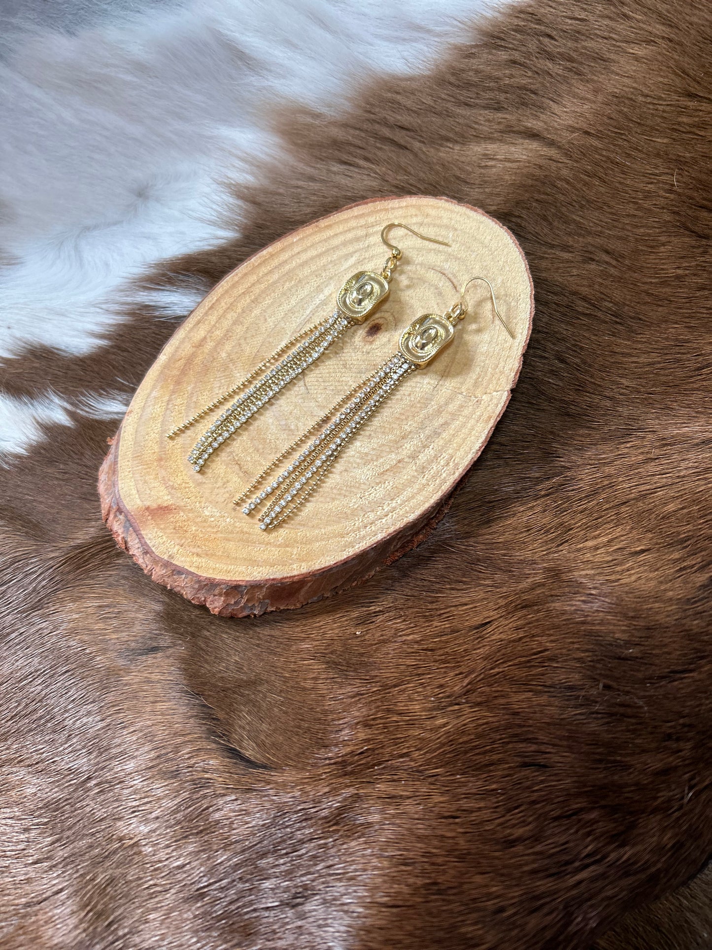 Western Gold Cowboy Hat with Rhystones and Beads and Chains Earrings