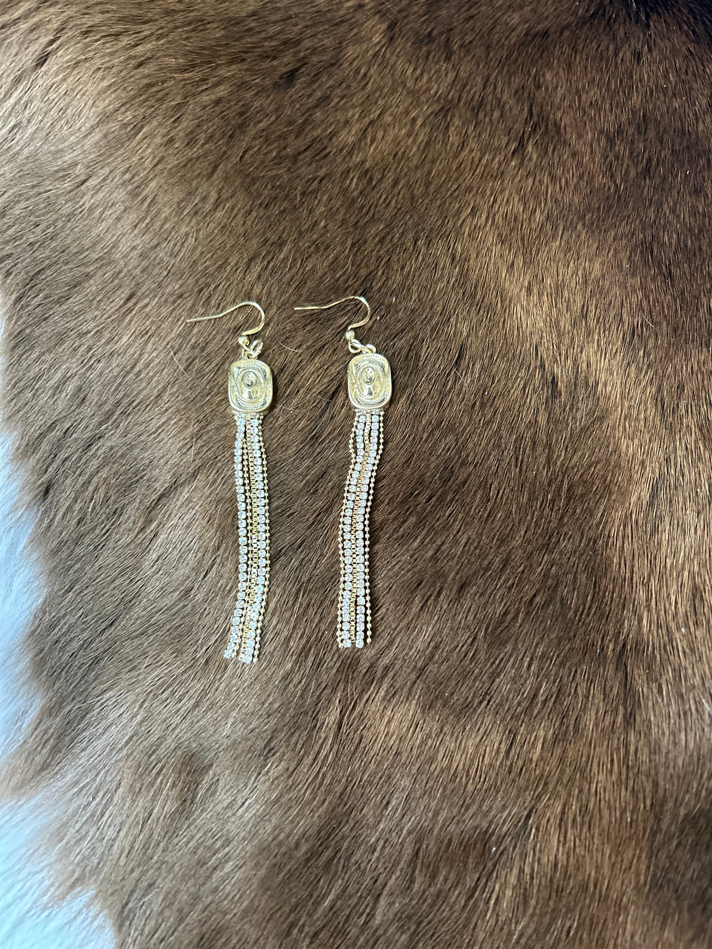 Western Gold Cowboy Hat with Rhystones and Beads and Chains Earrings