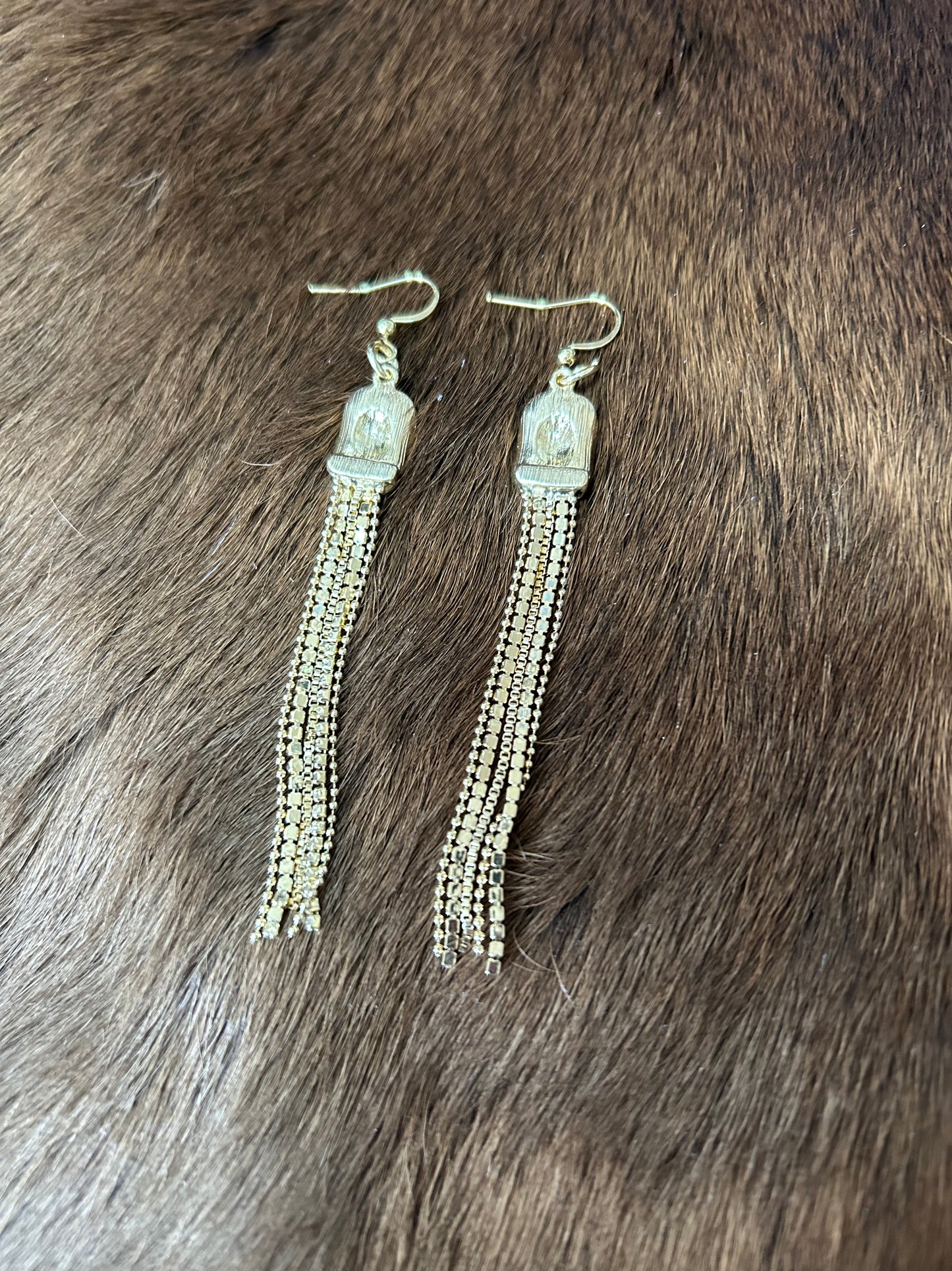 Western Gold Cowboy Hat with Rhystones and Beads and Chains Earrings