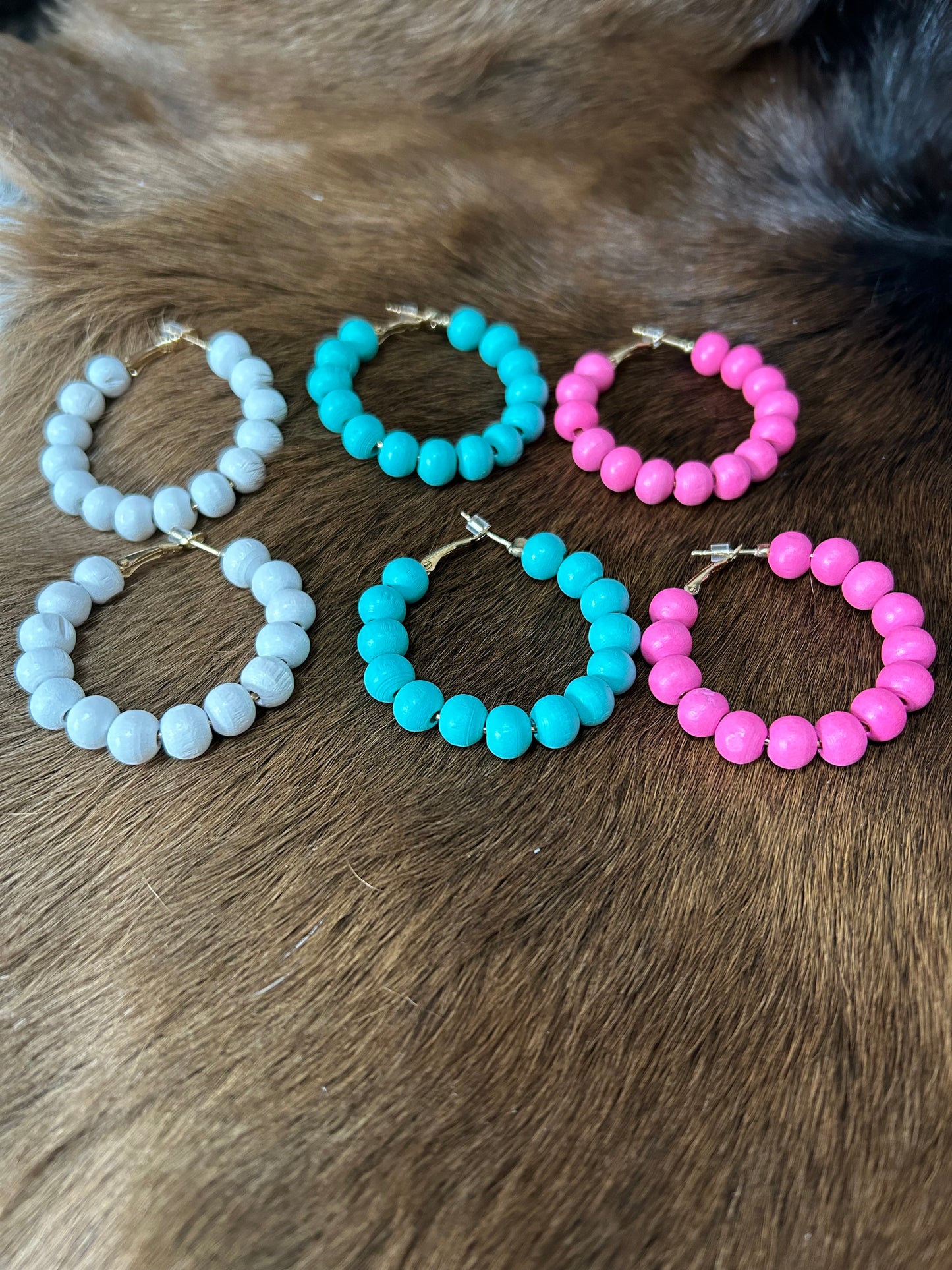 Beaded Hoop Earrings Pink Blue or White