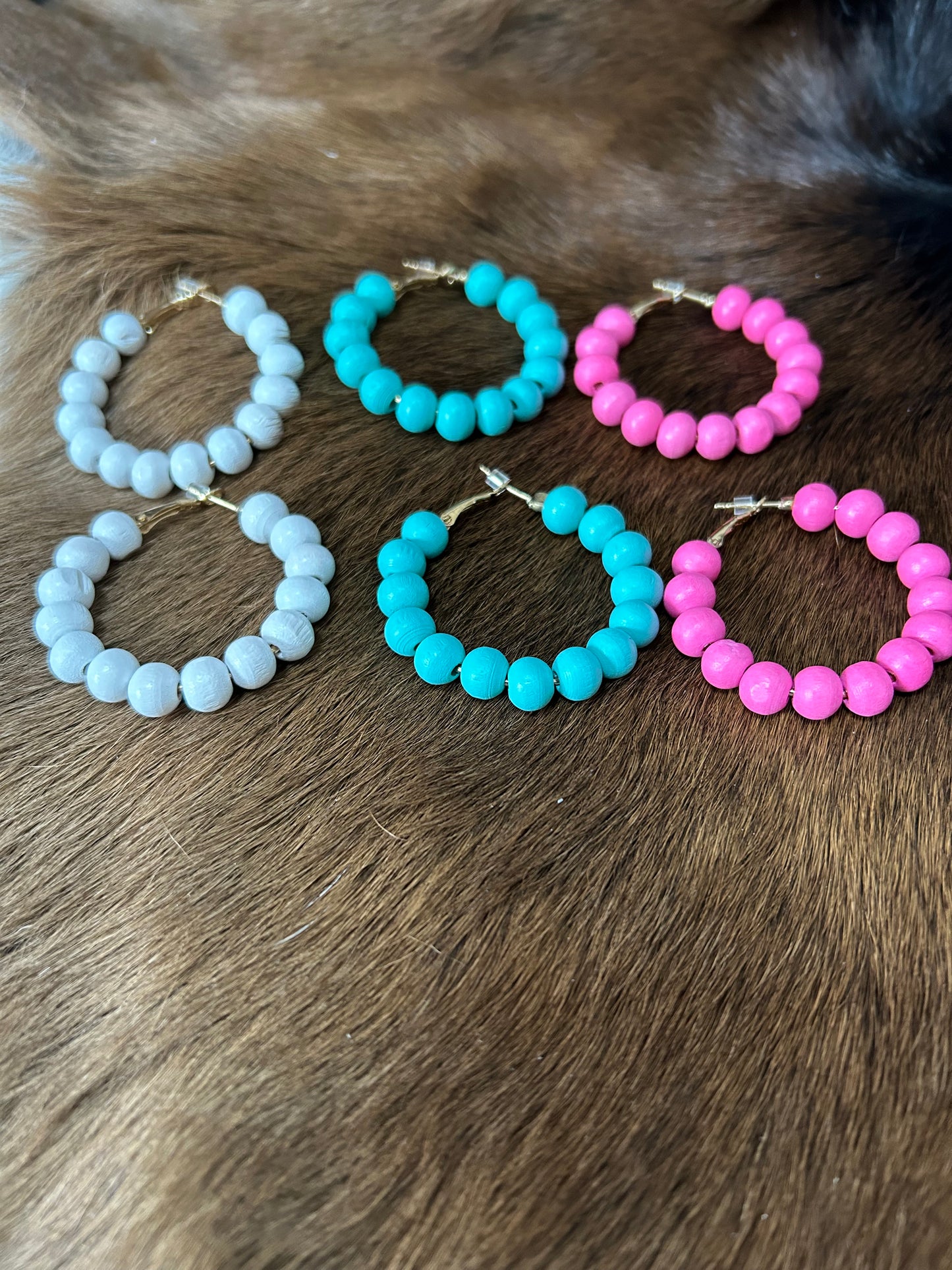 Beaded Hoop Earrings Pink Blue or White
