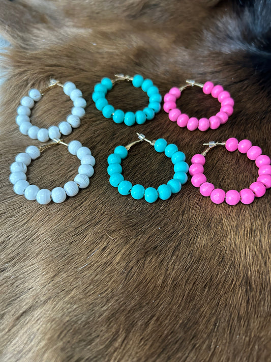 Beaded Hoop Earrings Pink Blue or White