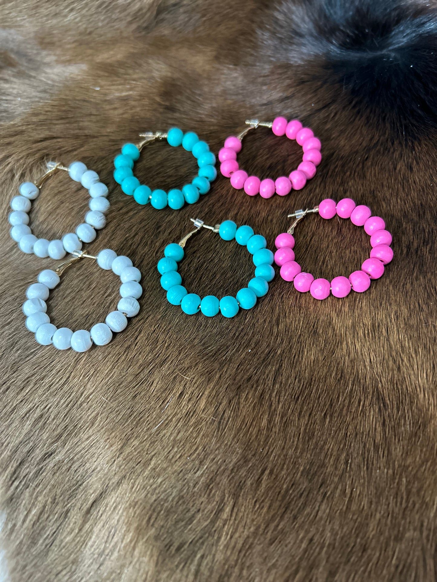 Beaded Hoop Earrings Pink Blue or White