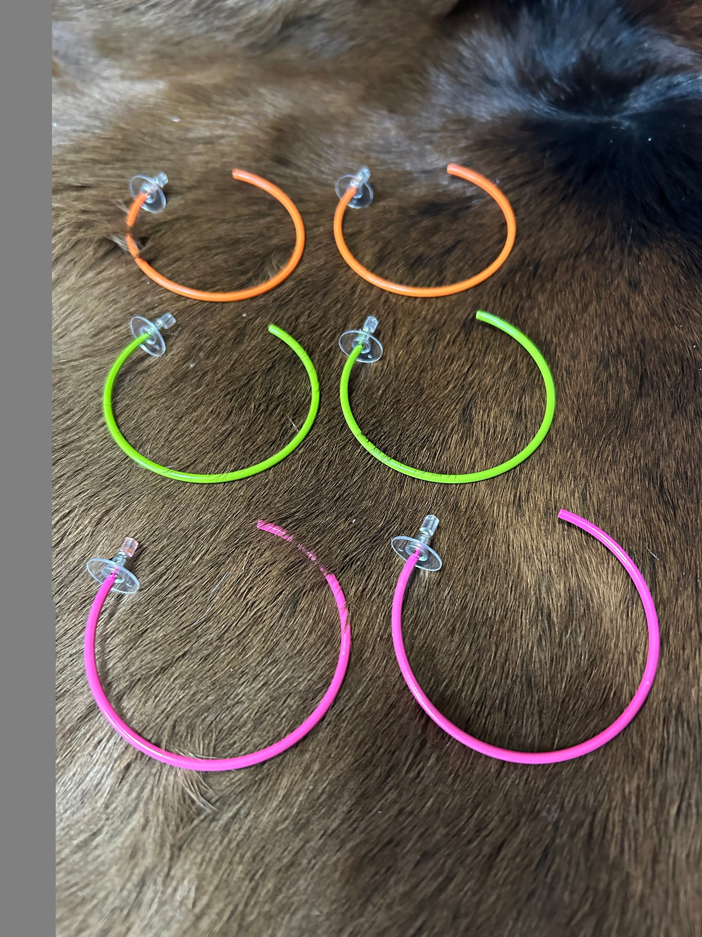 Three Large Hoop Earrings Pink Green Orange