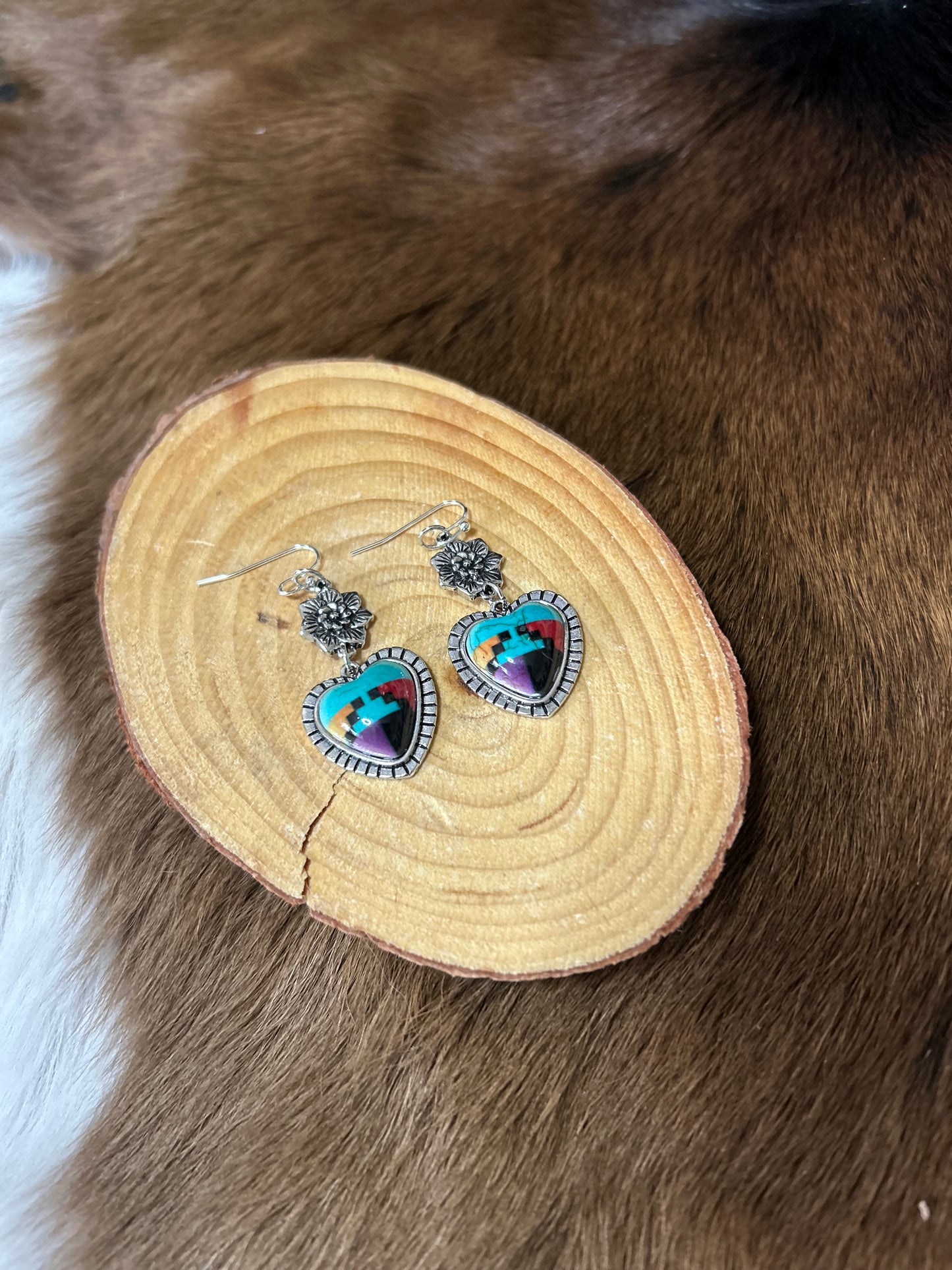 Southwestern Heart Shaped Earrings with A Silver Flower Charm