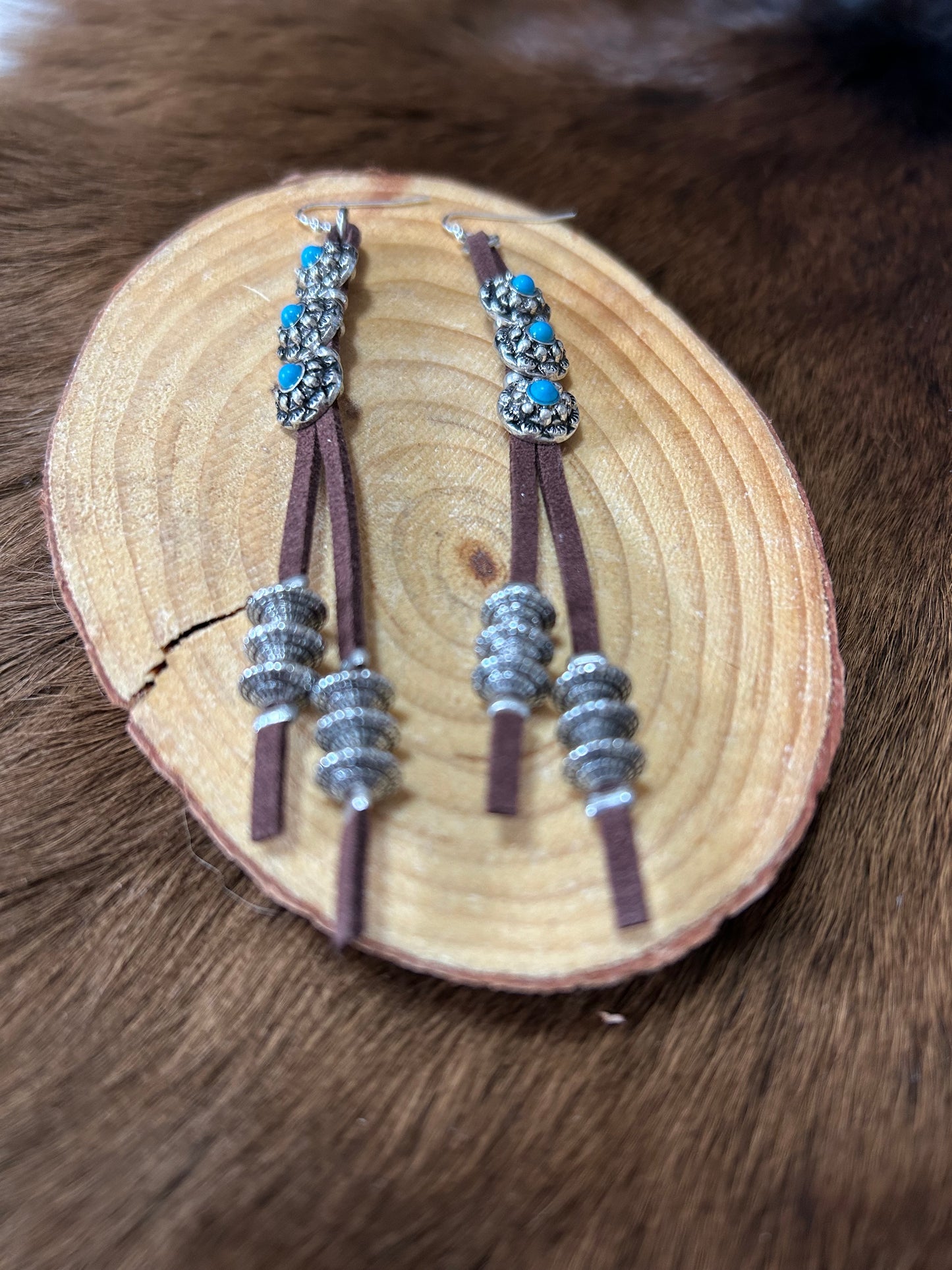 Western leather & Concho's Beeds Long Dangle Earrings