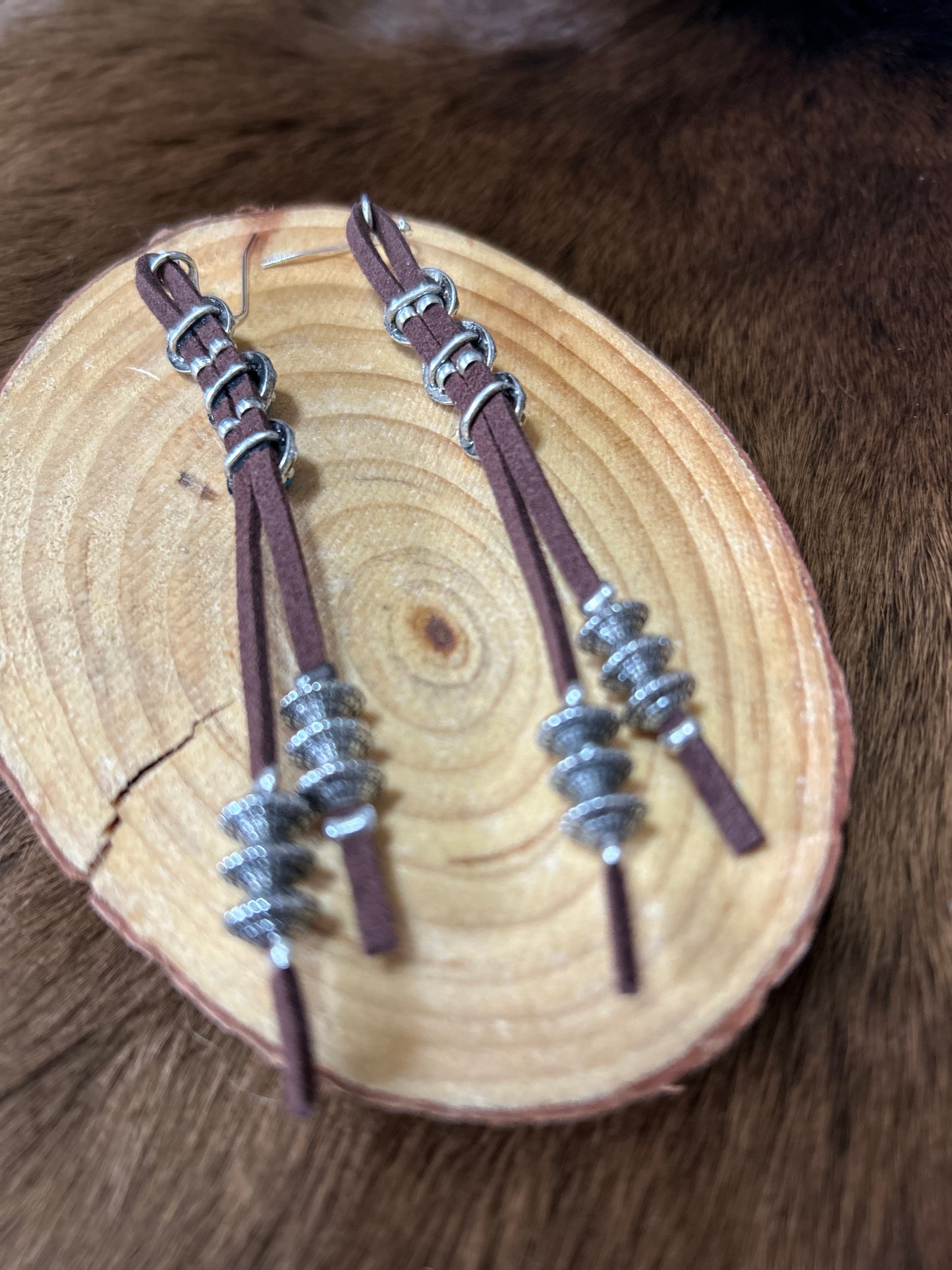 Western leather & Concho's Beeds Long Dangle Earrings