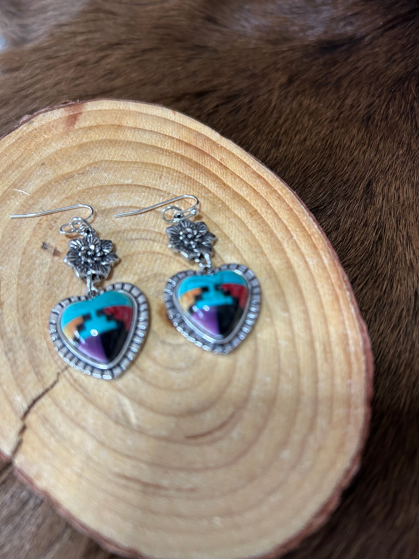 Southwestern Heart Shaped Earrings with A Silver Flower Charm