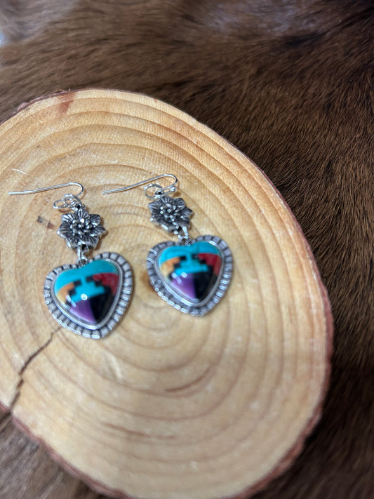 Southwestern Heart Shaped Earrings with A Silver Flower Charm