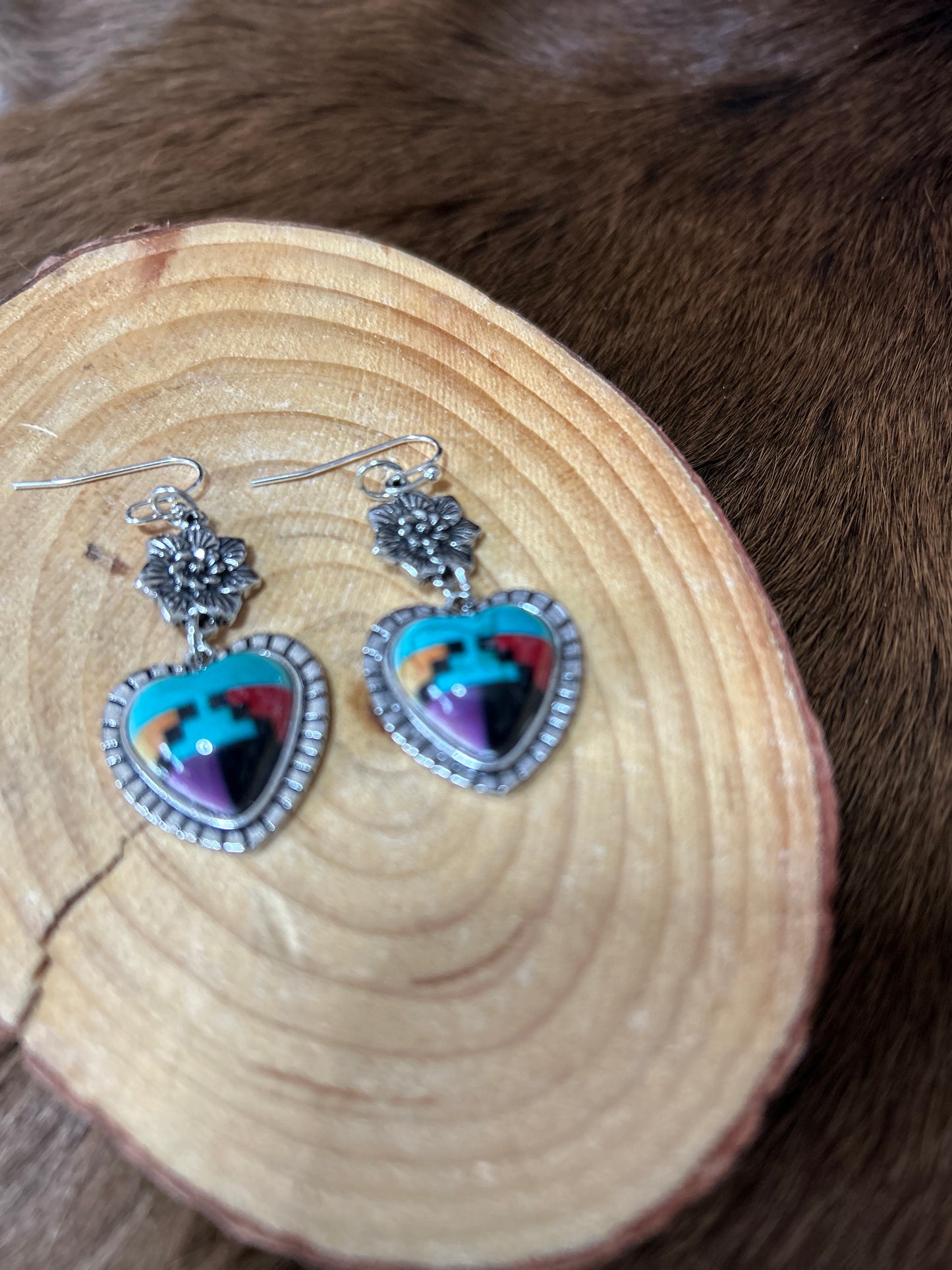 Southwestern Heart Shaped Earrings with A Silver Flower Charm