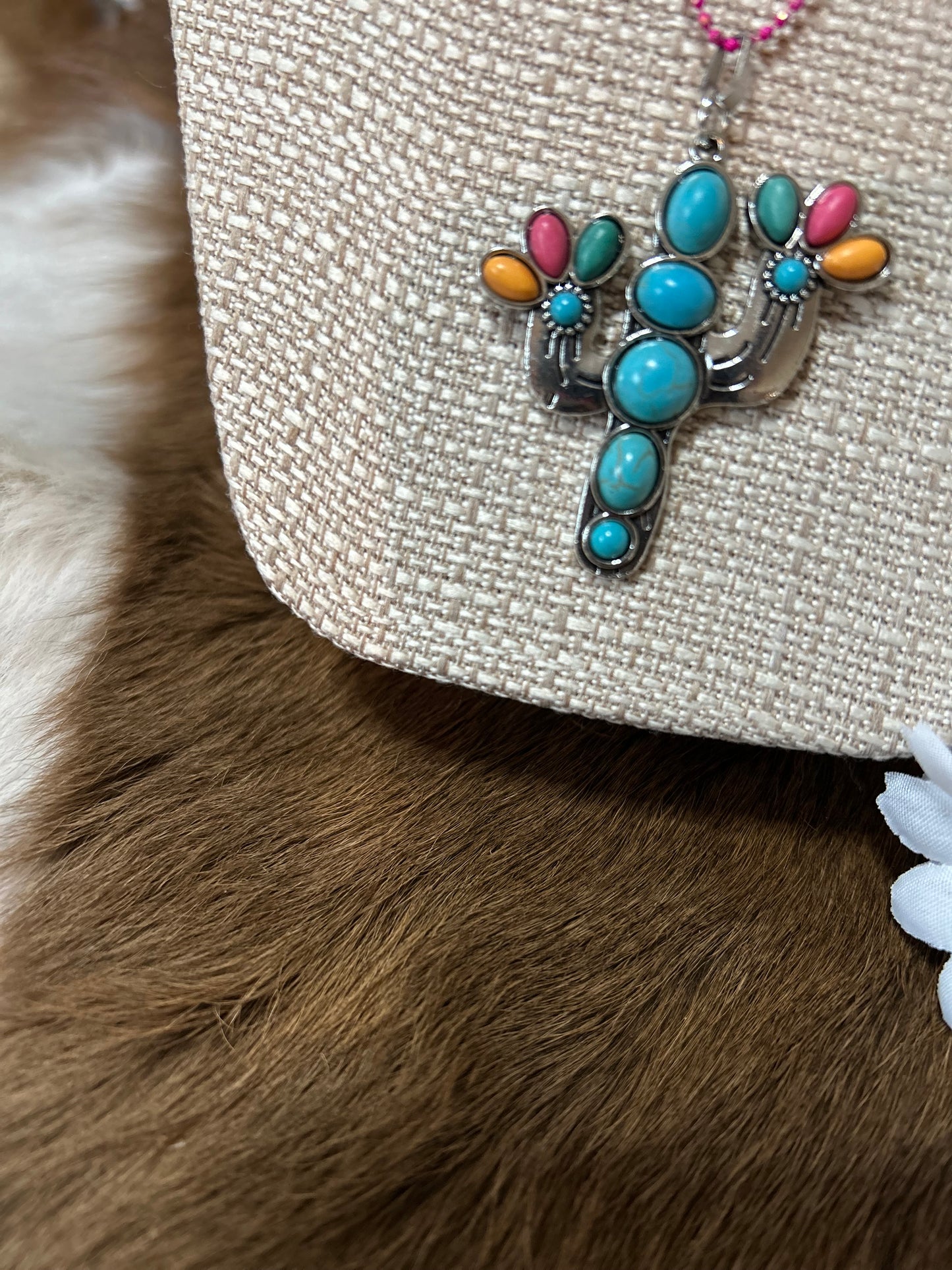 Western Cactus Necklace with Colorful Gems