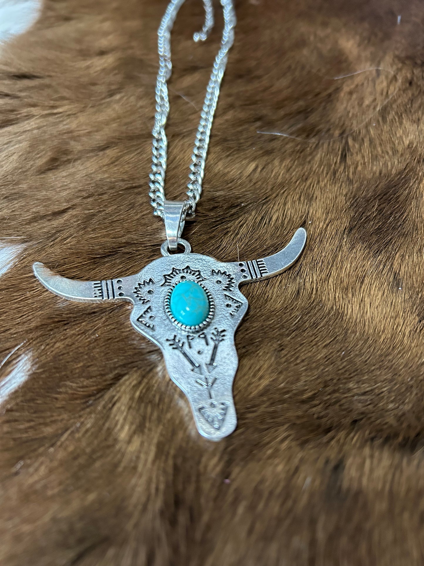 Western Steer Head Silver Necklace with Turquoise Stone