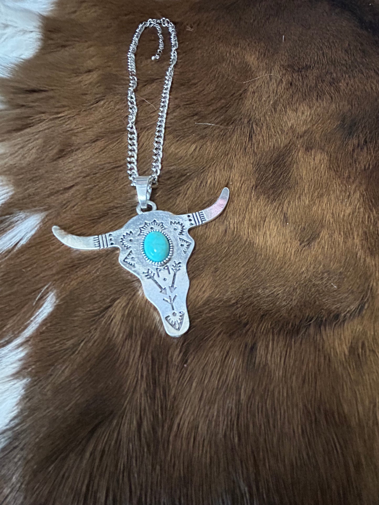 Western Steer Head Silver Necklace with Turquoise Stone