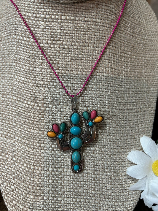Western Cactus Necklace with Colorful Gems