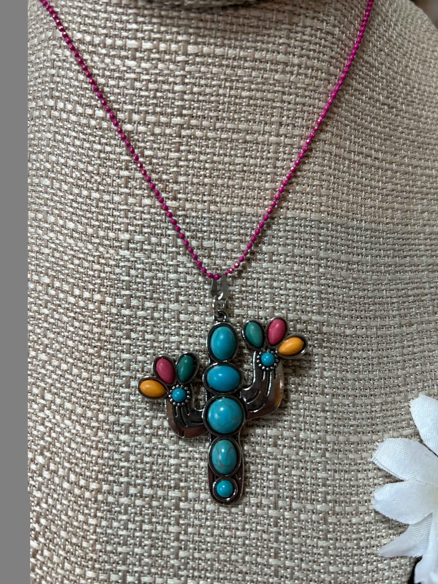 Western Cactus Necklace with Colorful Gems
