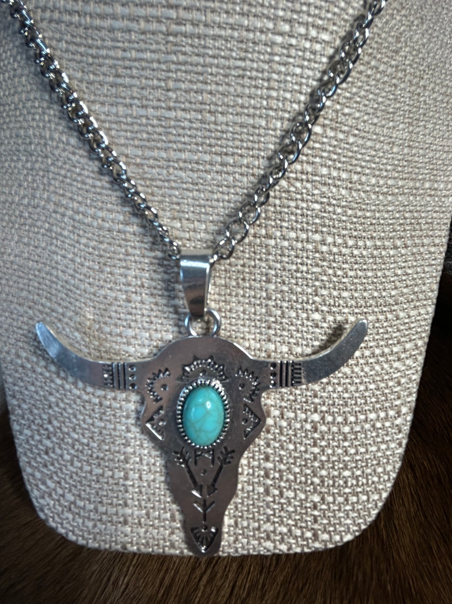 Western Steer Head Silver Necklace with Turquoise Stone