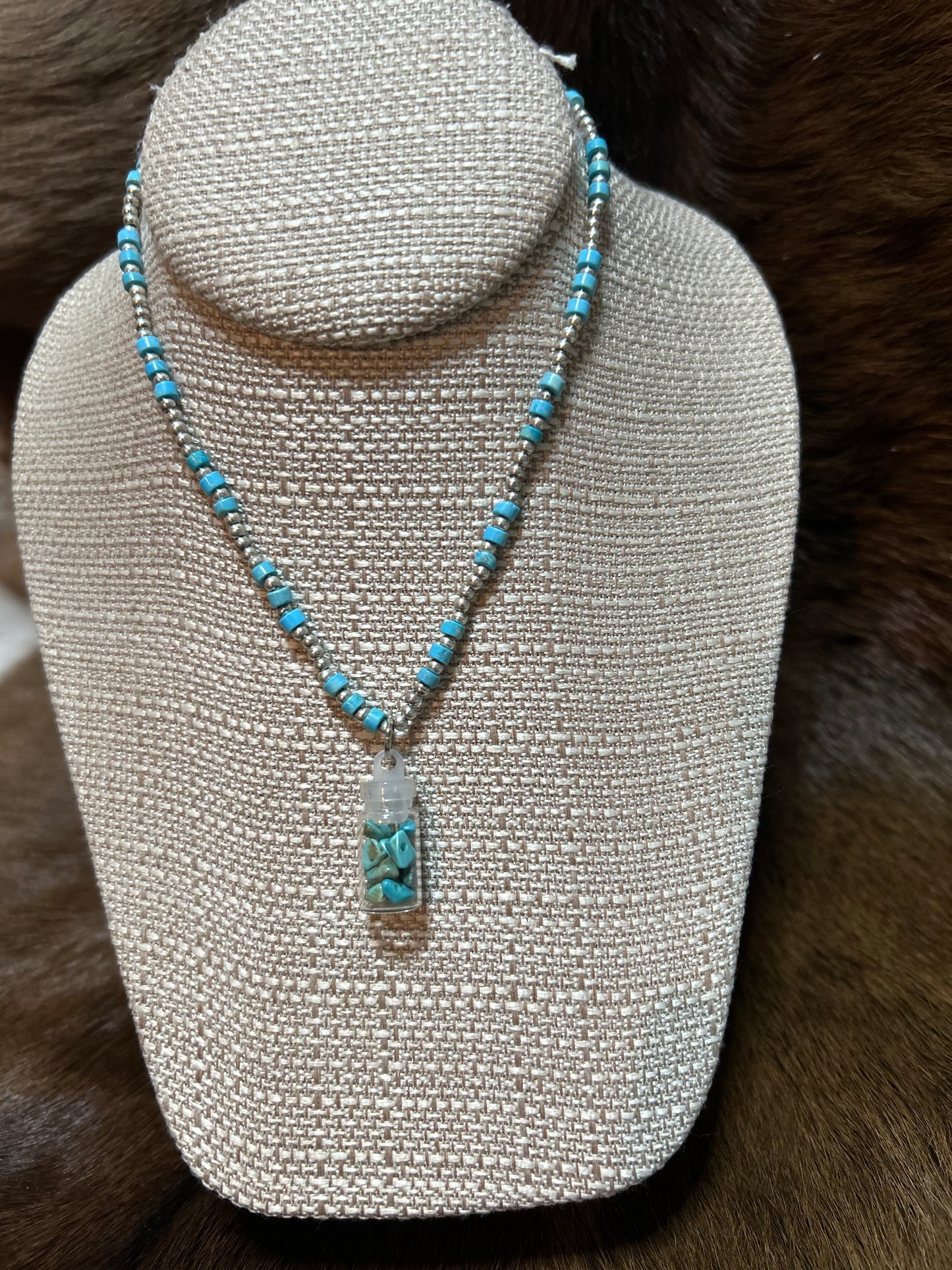 Silver Seed Bead Girls Necklace Charm Jar of Turquorise Beads