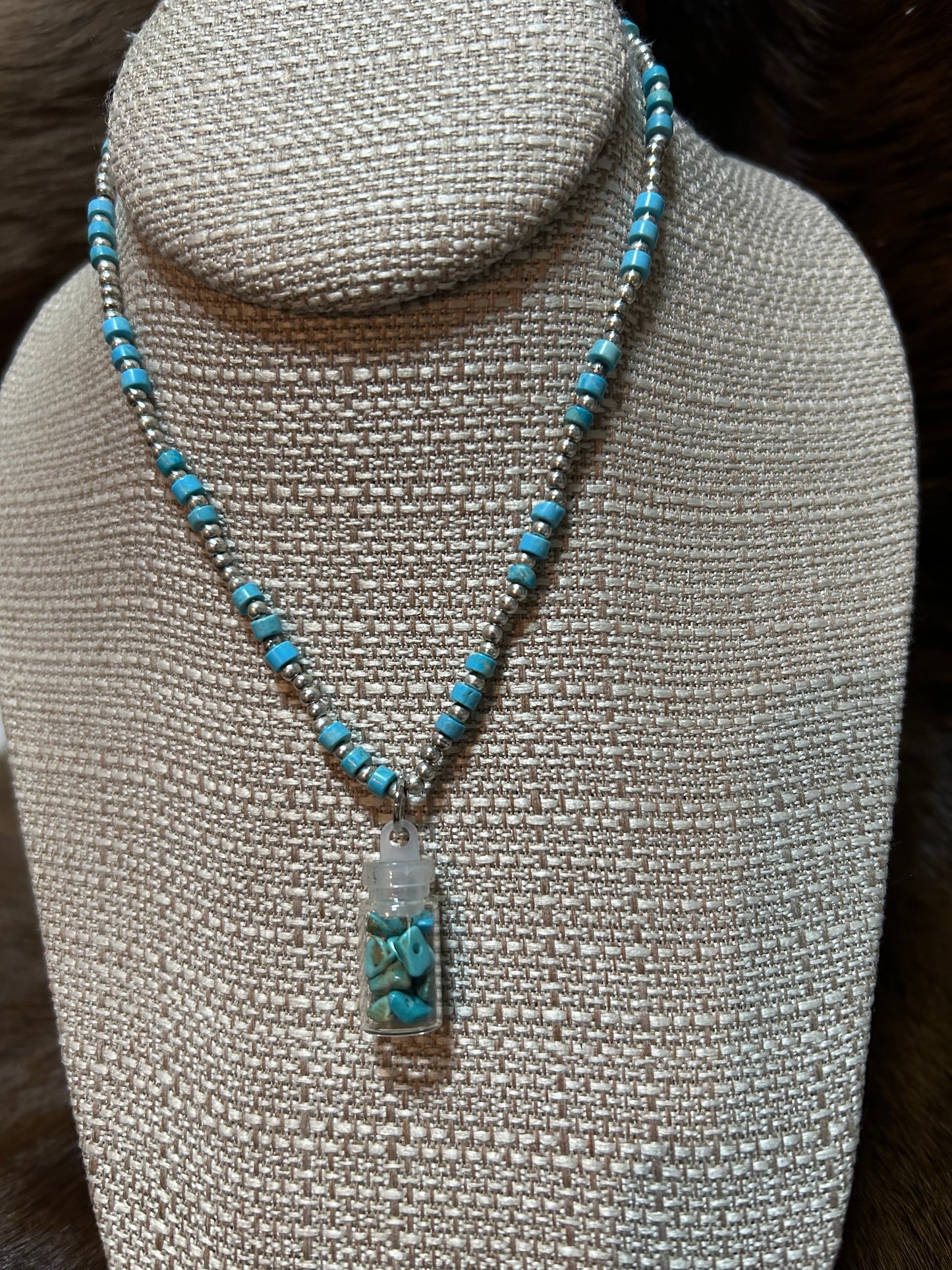 Silver Seed Bead Girls Necklace Charm Jar of Turquorise Beads