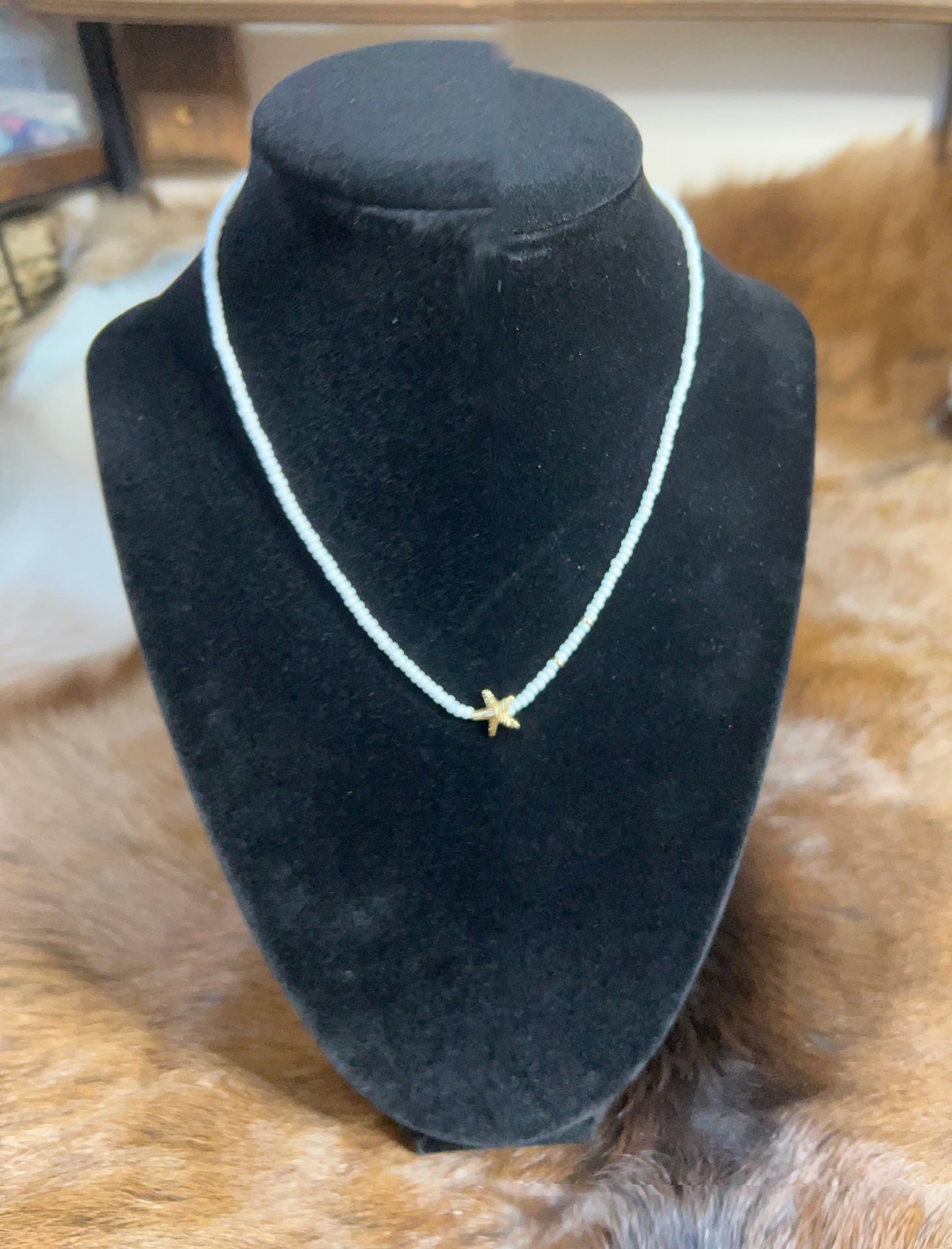 Girls White Seed Bead Necklace Star Charm