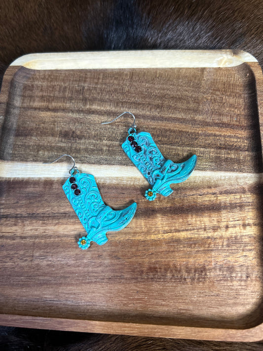 Cowgirl Western Antique Turquoise Boot Earrings