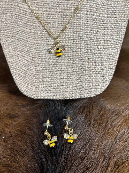 Gold Chain Necklace Bee Pendent Little Bee Earrings