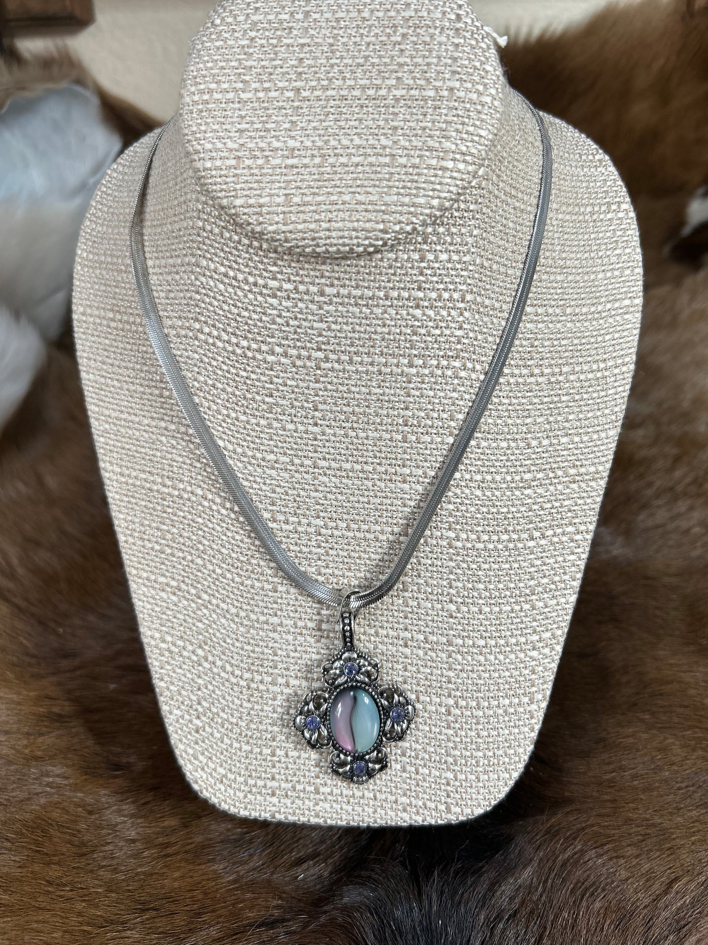 Silver Necklace Stone Purple Green Pendeant